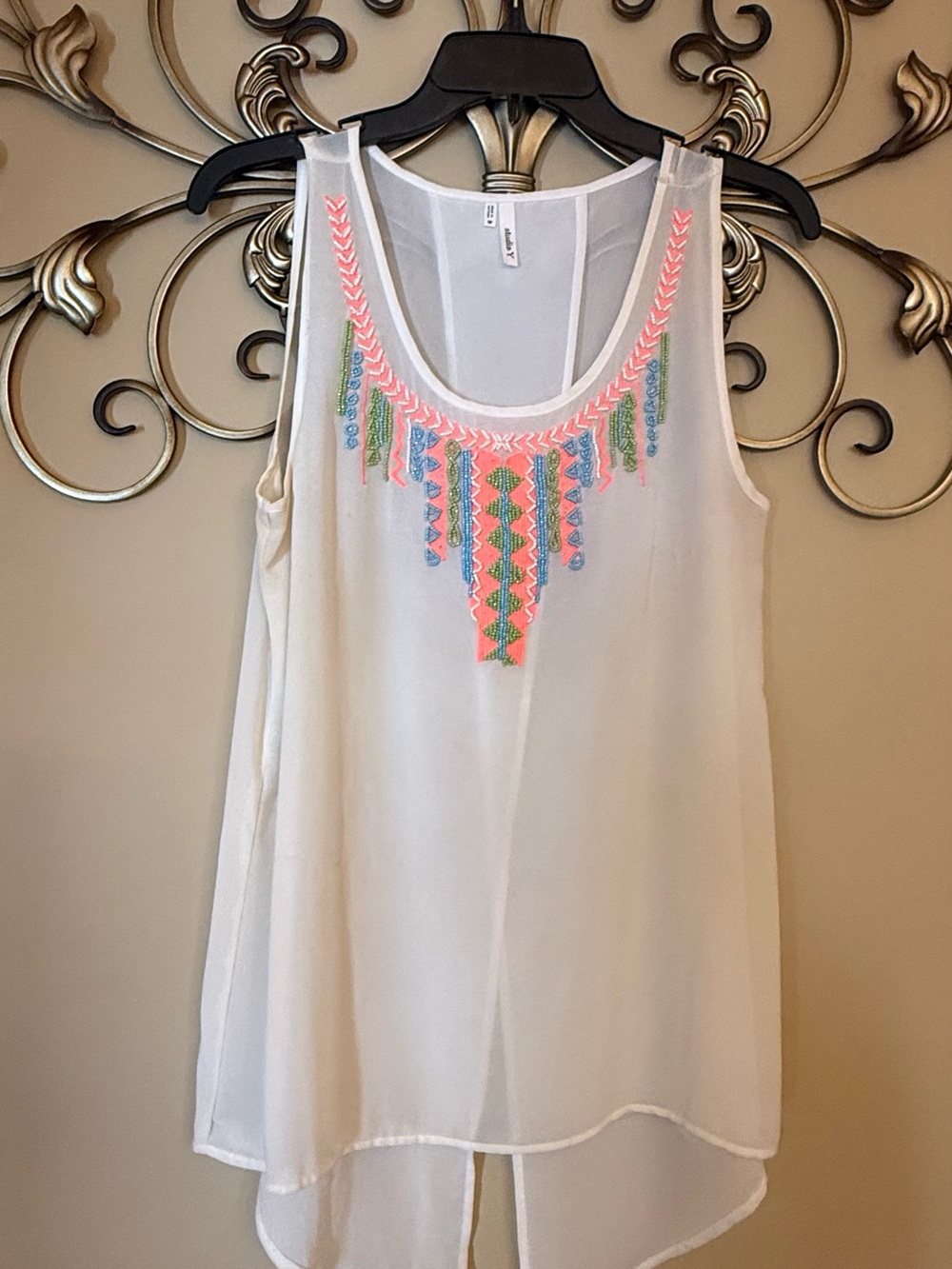 STUDIO Y White Asymmetrical Top with Neon Coral, Blue and Green Beading